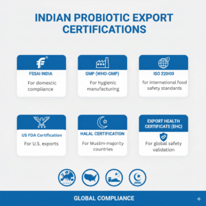 Which export certifications do Indian probiotic supplement manufacturers provide for global markets