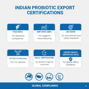 Which export certifications do Indian probiotic supplement manufacturers provide for global markets